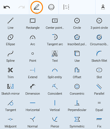 Example of New Sketch tool icon cirlced in orange, with Sketch tools below 