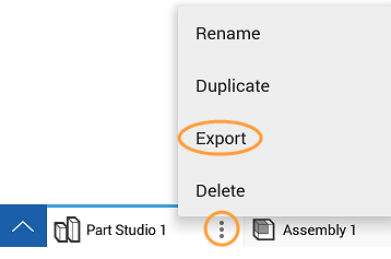 Example of overflow menu in Part Studio tab with Export highlighted
