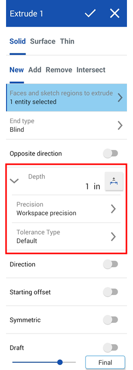 Tolerance options from the Extrude dialog