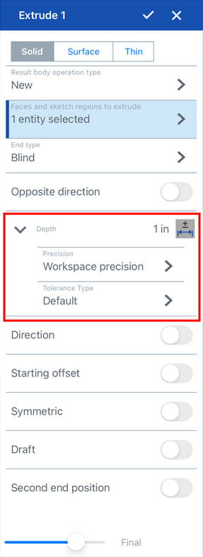 Tolerance options from the Extrude dialog