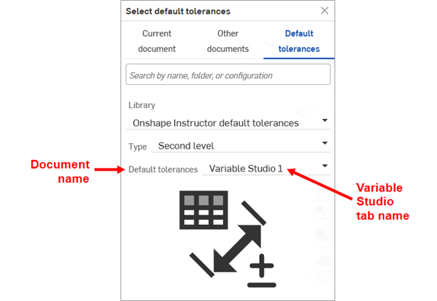 Select default tolerances dialog showing folder hierarchy