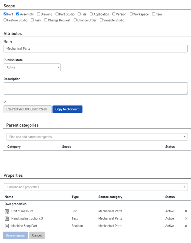 Onshape Category settings page in Enterprise settings