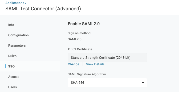 Example setup of the SAML Test Connector dialog