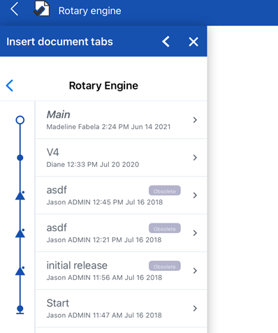 Insert document tabs dialog on iOS: selecting a version