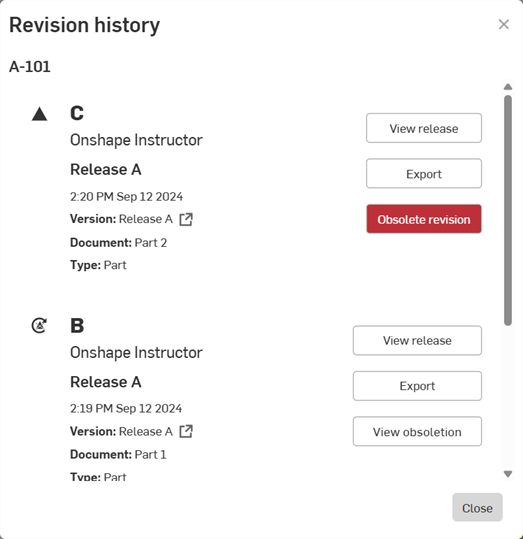 Example of Revision history for the selected part