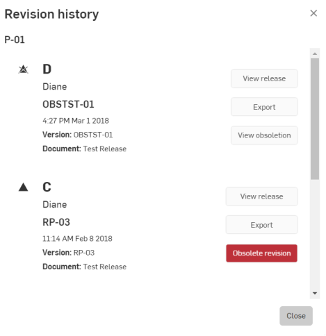 Revision history dialog for a part