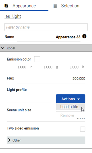 Loading a light profile into the Global submenu on the Appearance panel