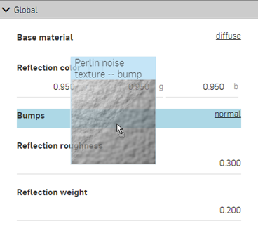 Applying the Perlin noise texture to the Global Bumps parameter of the parts' appearance