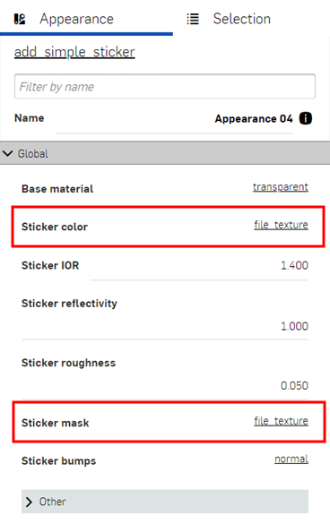 Appearance panel showing both the sticker and mask files outlined in red