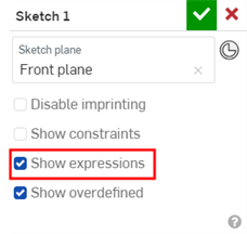 Sketch dialog with Show expressions checked