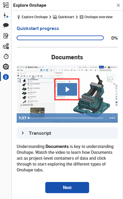 チュートリアルで開いた [Onshape を詳しく見る] パネル