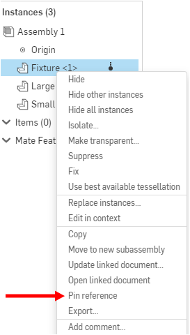 Selecing Pin reference from the Instance context menu