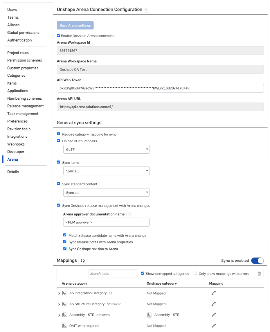Enterprise settings: Arena dialog