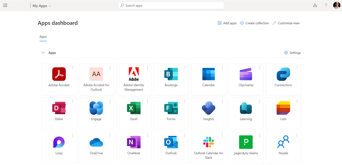 Microsoft Active Directory 애플리케이션 대시보드의 예