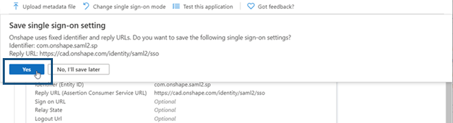 Clicking Yes to Save the single sign-on setting