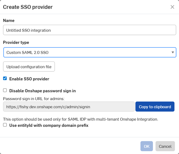 SSO 제공자 생성 대화상자