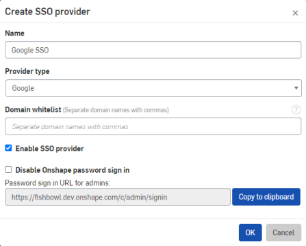 Create SSO provider dialog showing the provisioning of users through a specific domain name