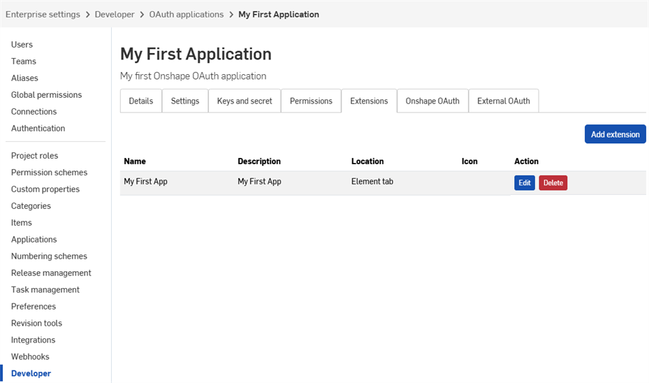 Enterprise Settings > Developer > OAuth applications > Extensions