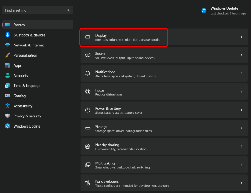 디스플레이 윤곽이 표시된 Windows 설정 대화상자의 스크린샷