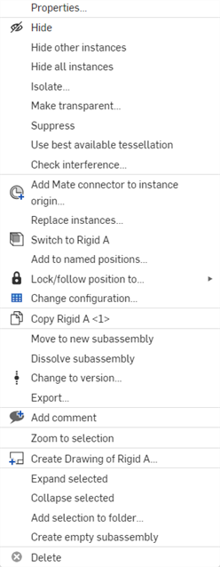 Subassembly instance context menu