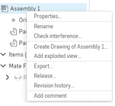 부품 목록에서 마우스 오른쪽 버튼을 클릭한 어셈블리 메뉴의 예