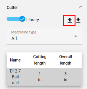 Screenshot of the Tool panel Cutter section with red arrow pointing to Import tool library option