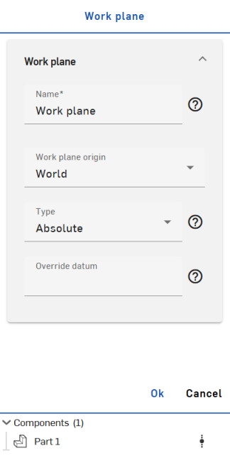 Screenshot of the Work plane panel in a CAM Studio