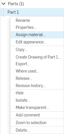 파트 목록 컨텍스트 메뉴에서 재질 지정 옵션이 강조 표시된 스크린샷