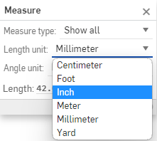 길이 단위 드롭다운 옵션을 보여주는 측정 대화상자