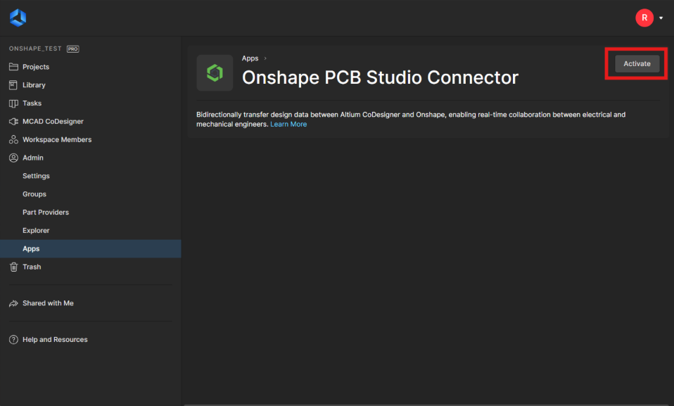 Activating the Onshape PCB Studio Connector