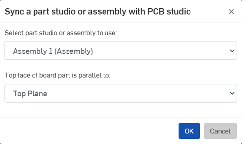 Part Studio 또는 어셈블리를 PCB Studio와 동기화