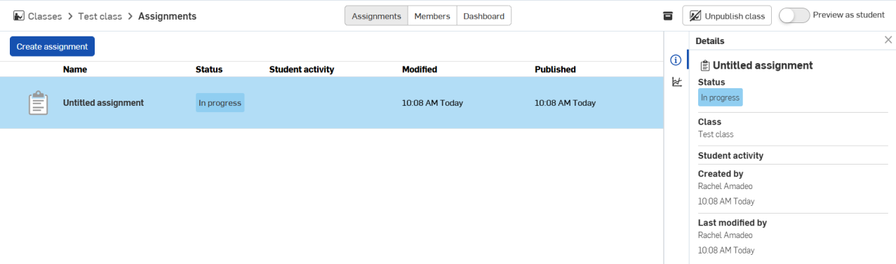 세부사항 창이 열린 상태의 과제 목록