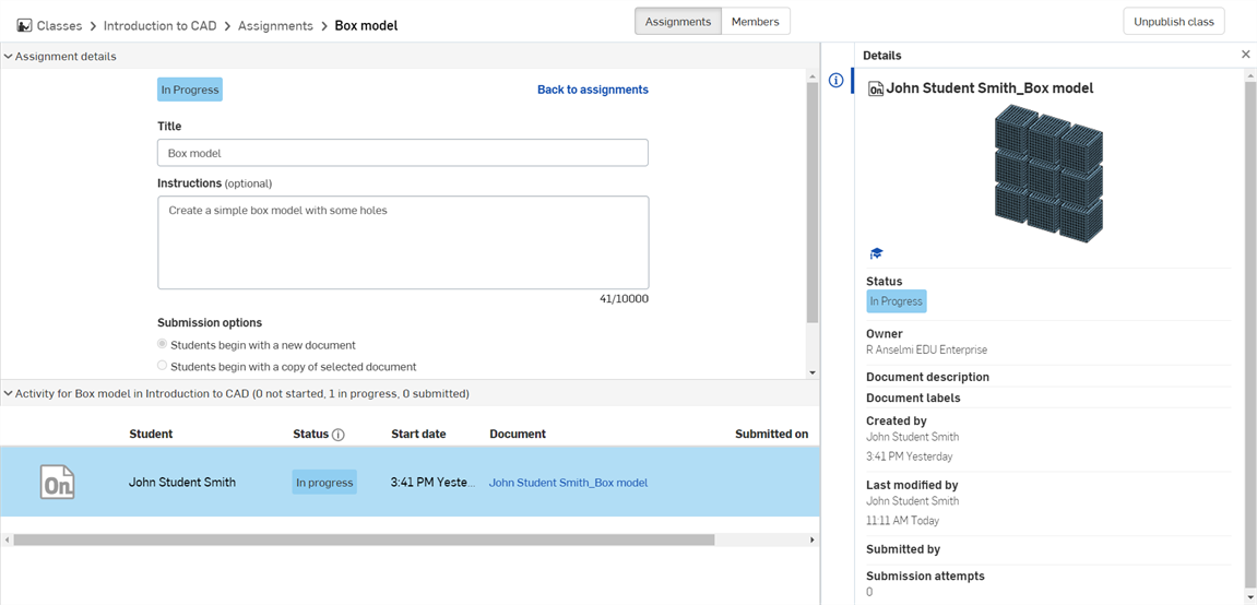 Details page when an assignment is selected