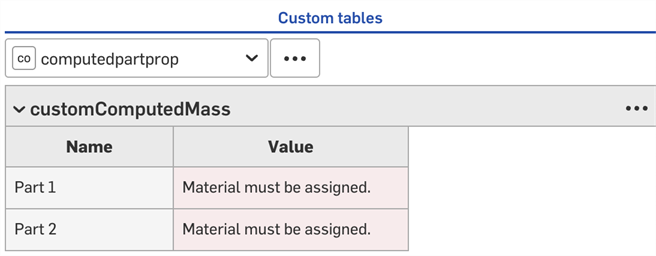 Custom table showing a computed part property where the property is computed in a different document