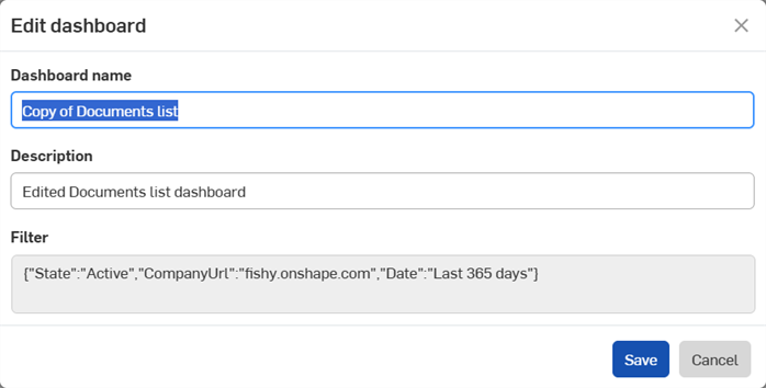 Edit dashboard dialog