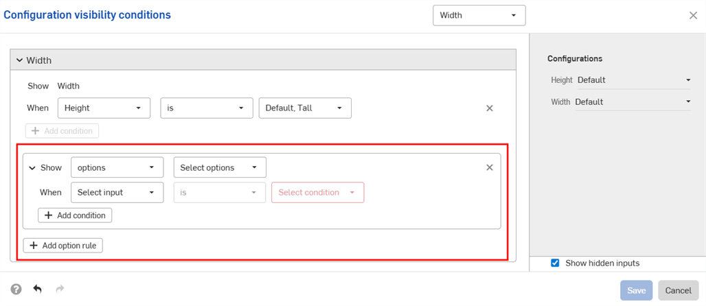Default Configuration visibility conditions dialog with Add option rule button highlighted