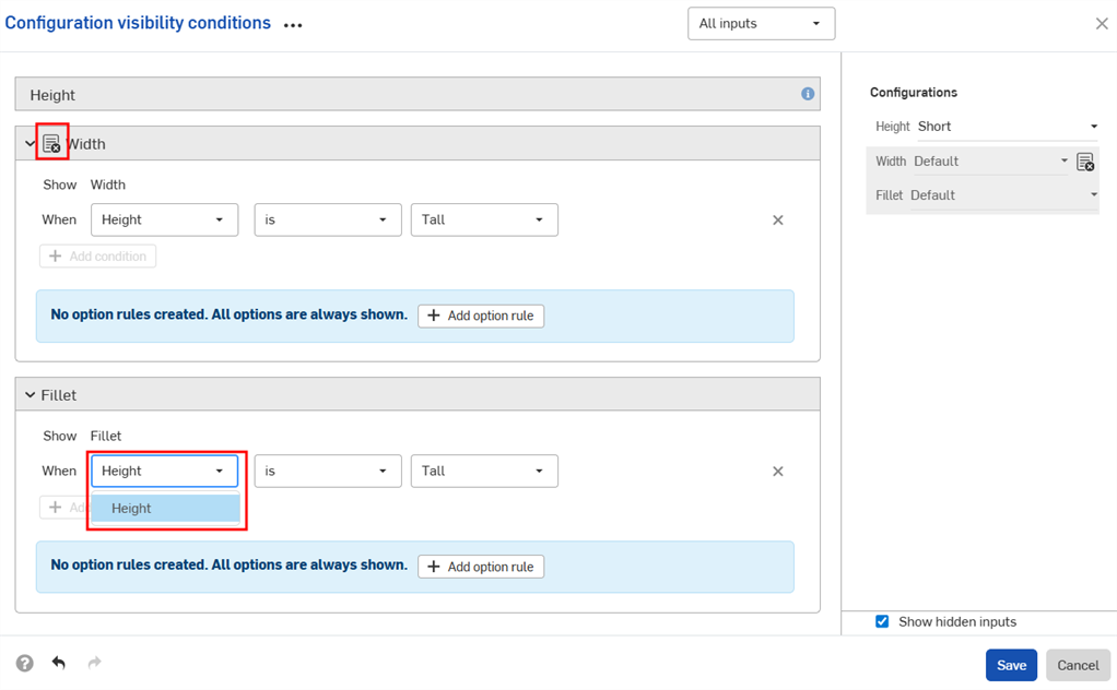 More options menu in the Configurations panel with Visibility condition highlighted