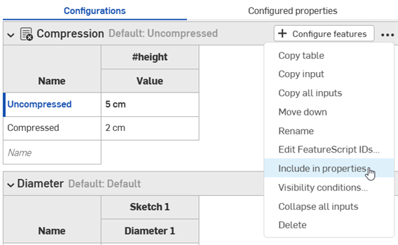 Click the overflow menu in the Configuration panel and select Include in properties
