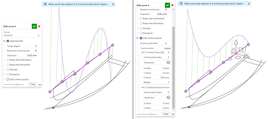 Editing control points on a curve