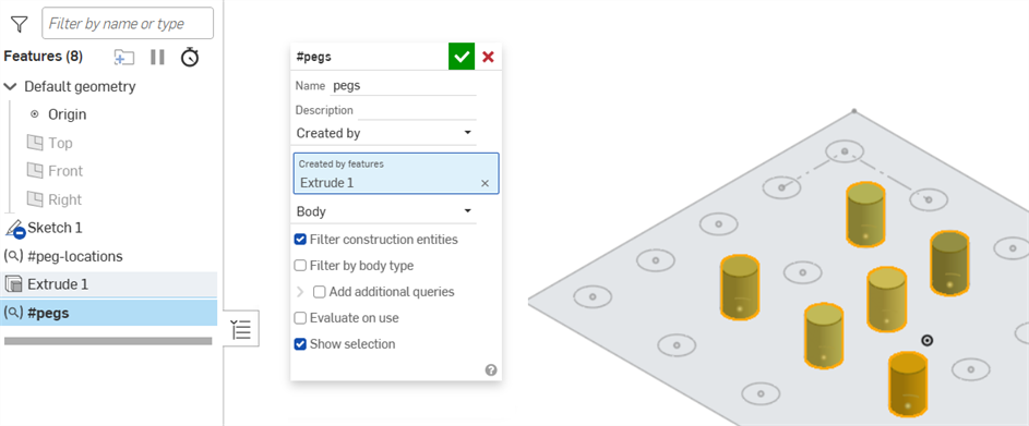 돌출로 생성된 바디를 선택할 수 있는 쿼리 변수 대화상자