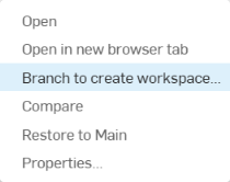 마우스 오른쪽 버튼 클릭 메뉴에 강조 표시된 작업공간을 생성할 브랜치...