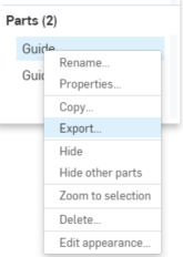 Part Studio에서 파트를 마우스 오른쪽 버튼으로 클릭하고 컨텍스트 메뉴에서 내보내기 선택