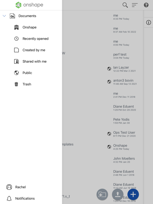 iPad에서 통합문서 리스트 사이드 패널 메뉴의 스크린샷