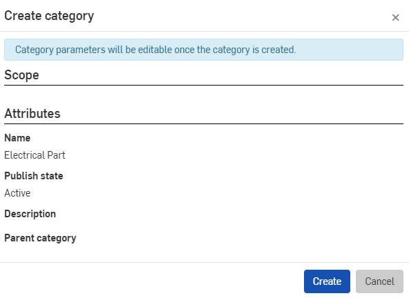 Onshape create a category dialog box