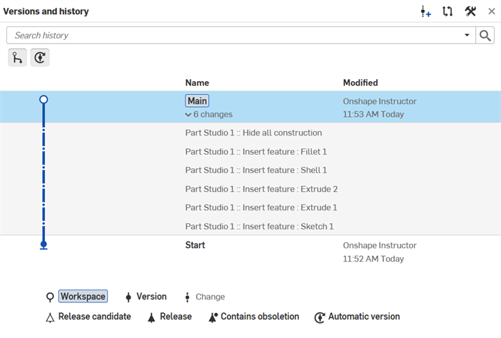 버전 및 히스토리 패널의 버전 변경 내용