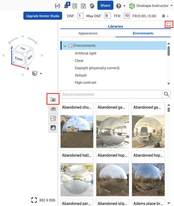 Environments library in the right panel