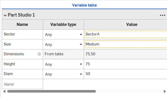 Variable: From table - example displaying the variable table