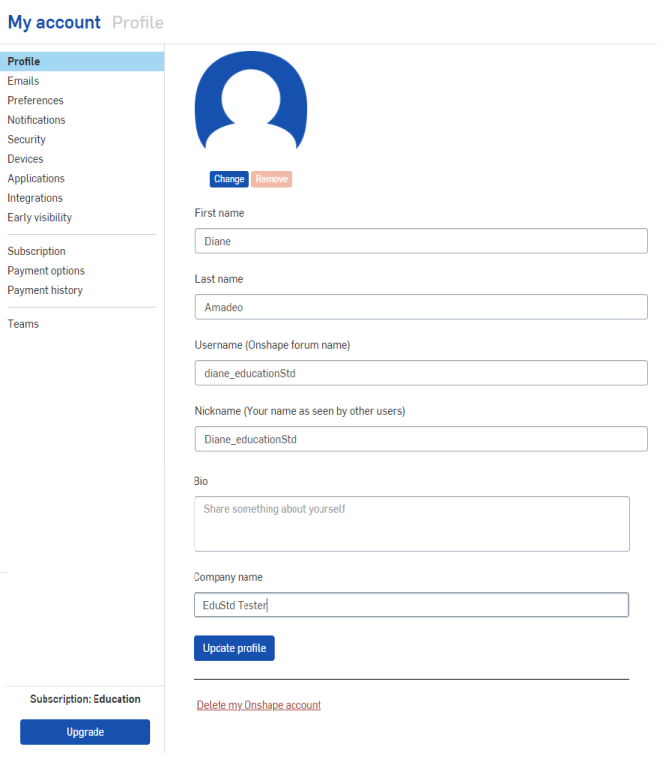 My account profile dialog with the Delete my Onshape account link at the bottom