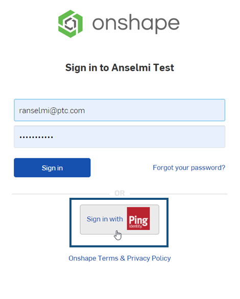 Onshape 登录页面，带有新的“通过 Ping 登录”(SSO) 按钮