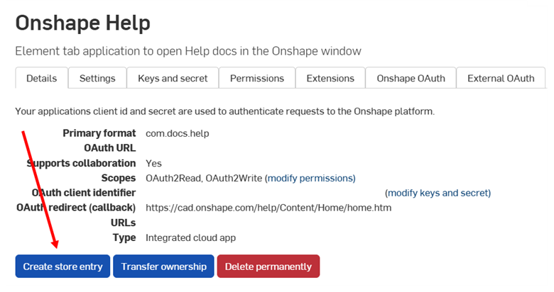 OAuth applications page with Create store entry button highlighted